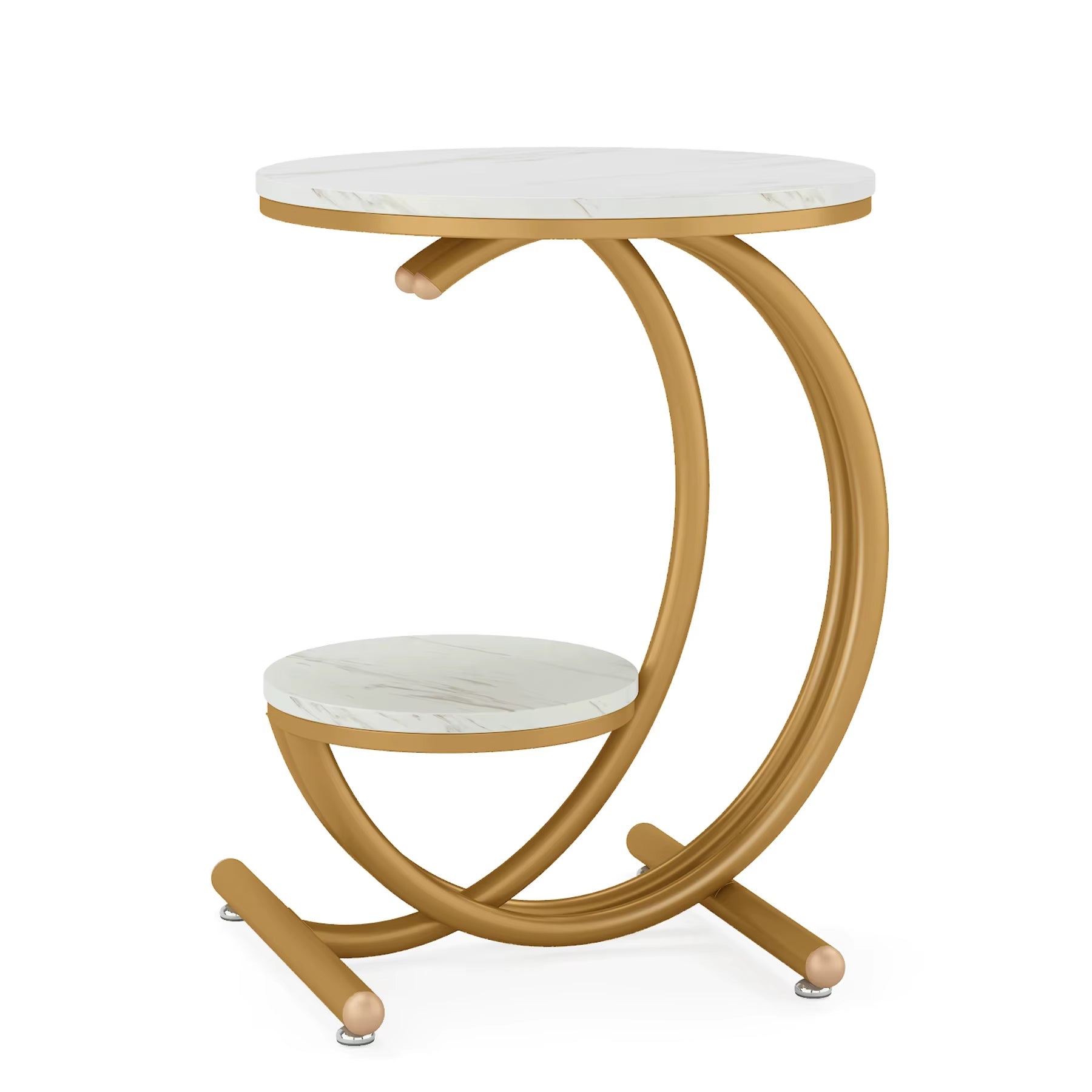 C-Shaped 2 Tier Wood Faux Marble Side Stainless Steel Table Legs round End Table for Sale