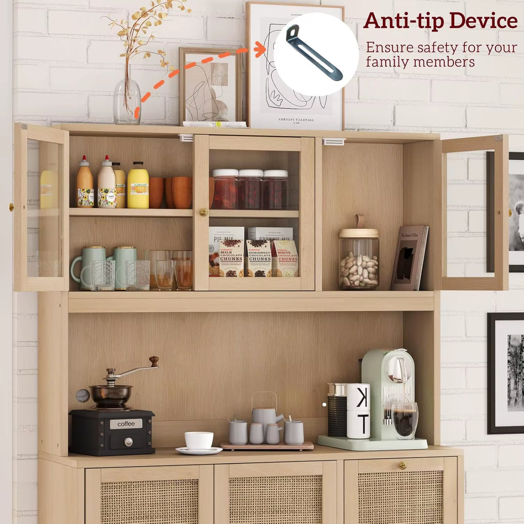 Solid Wood Modern Storage Cabinet with Microwave Stand & Charging Station 5+ Drawers Glass Doors-Living Room Furniture