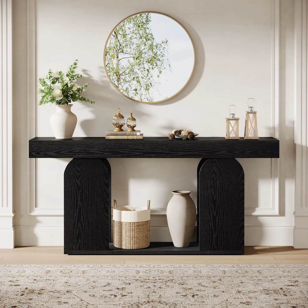 Tribesigns 70.9-Inch Extra Long Sofa Table, 2-Tier Wood Table behind Couch, Black Console Tables with Wood Storage Shelf