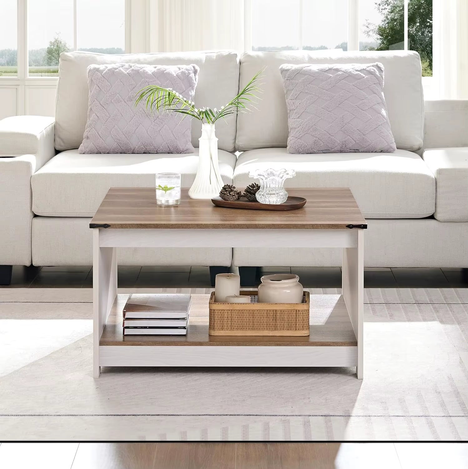 Modern Farmhouse Rotatable Nesting Coffee Table with Storage Solid Wood Square Design for Living Room Home Furniture