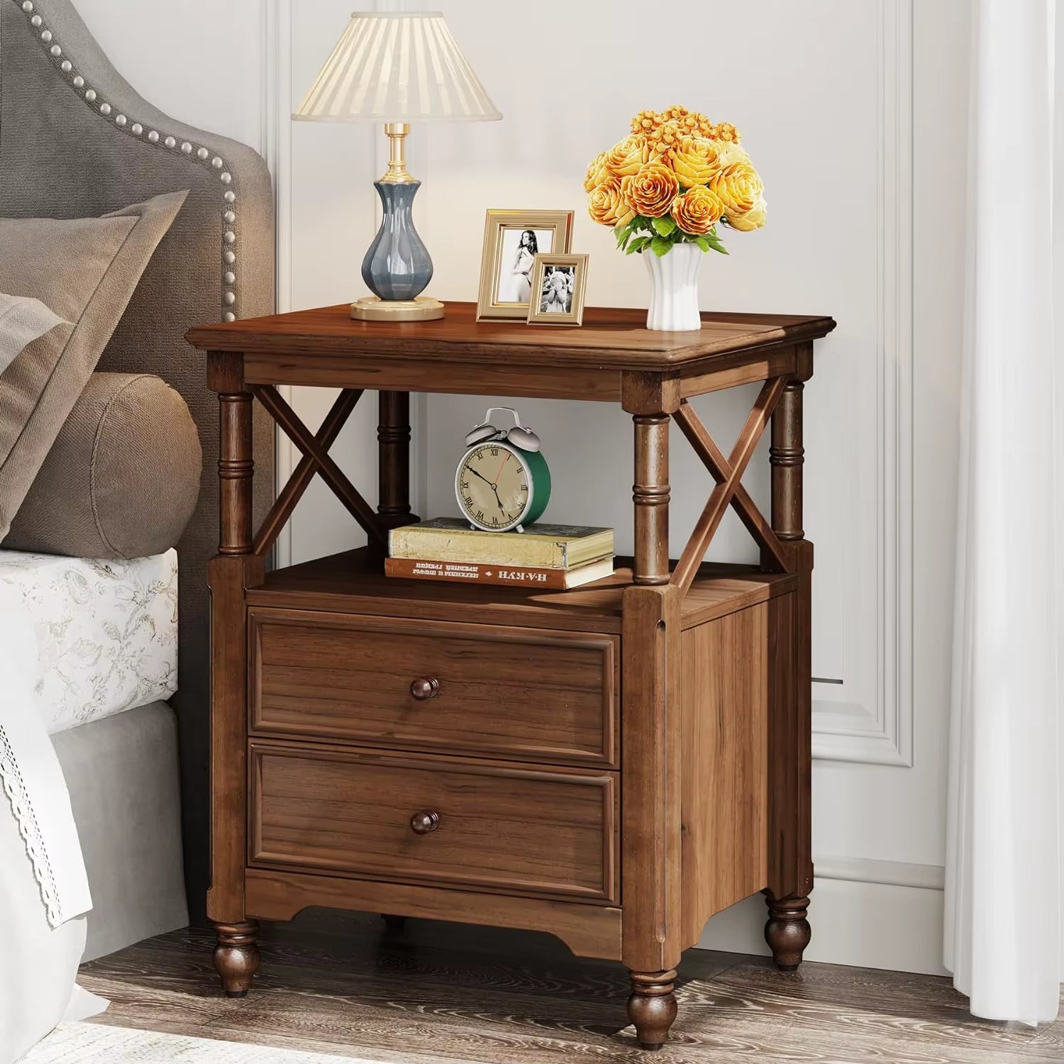 Rustic Wooden End Table Bed Side Table, Night Stand Bedside Table with Drawers and Open Shelf