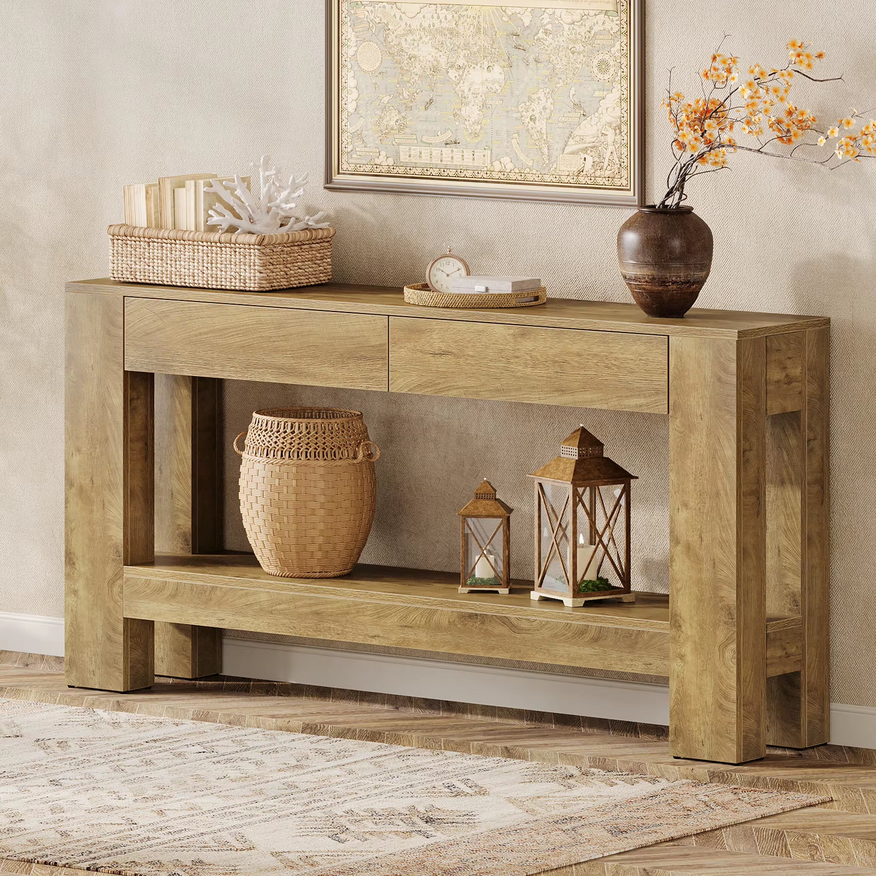 Tribesigns Console Table with 2 Drawers, 2-Tier Wooden Sofa Table behind Couch, Farmhouse Entryway Console with Storage Shelf