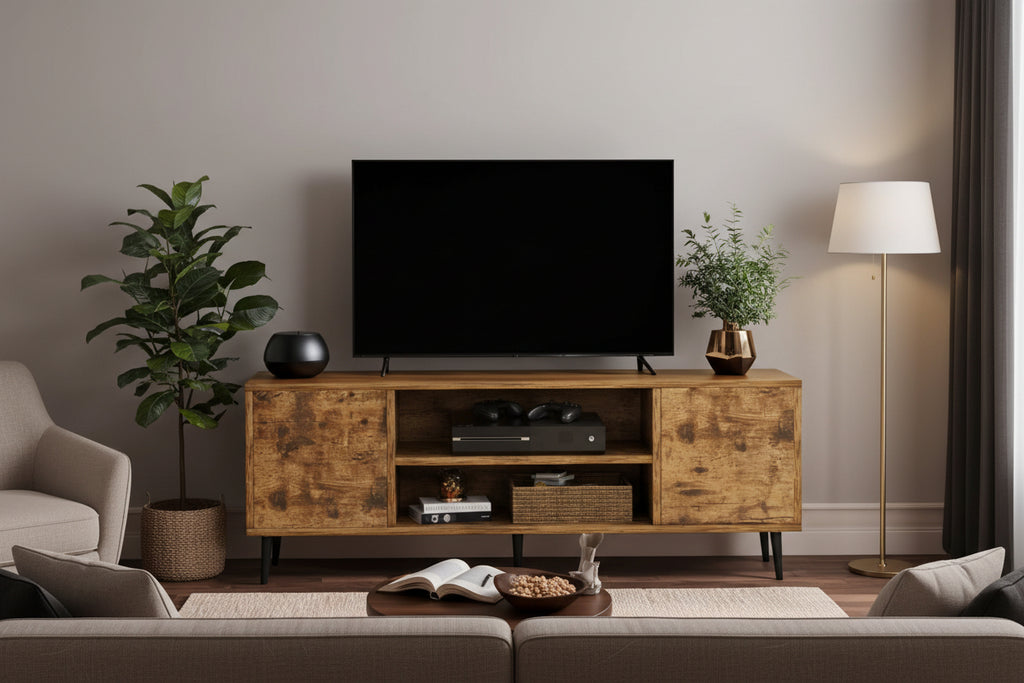 Modern Natural Country Design Solid Wood TV Stand Sliding Cabinets Entertainment Center Shelves for Living Room Furniture