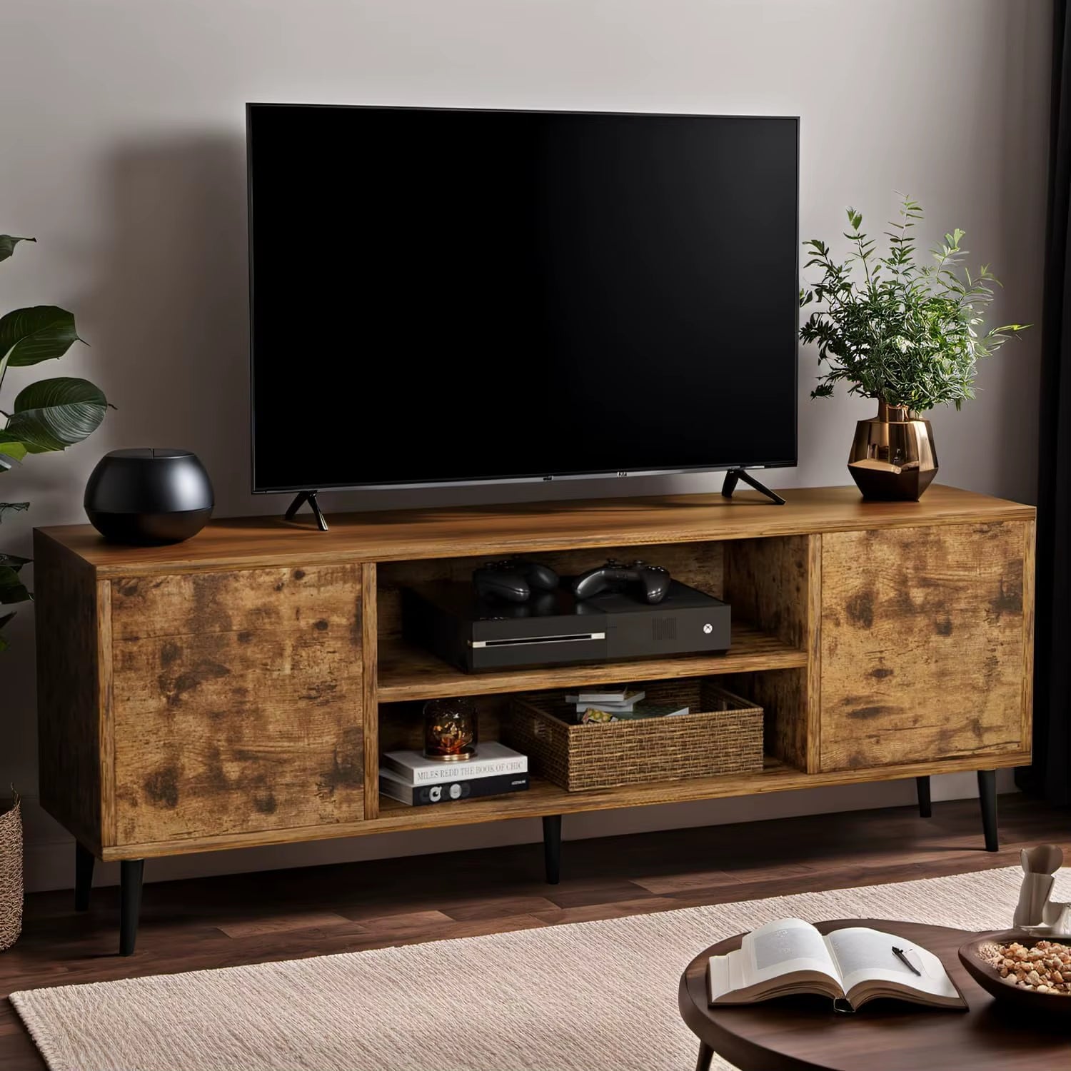 Modern Natural Country Design Solid Wood TV Stand Sliding Cabinets Entertainment Center Shelves for Living Room Furniture