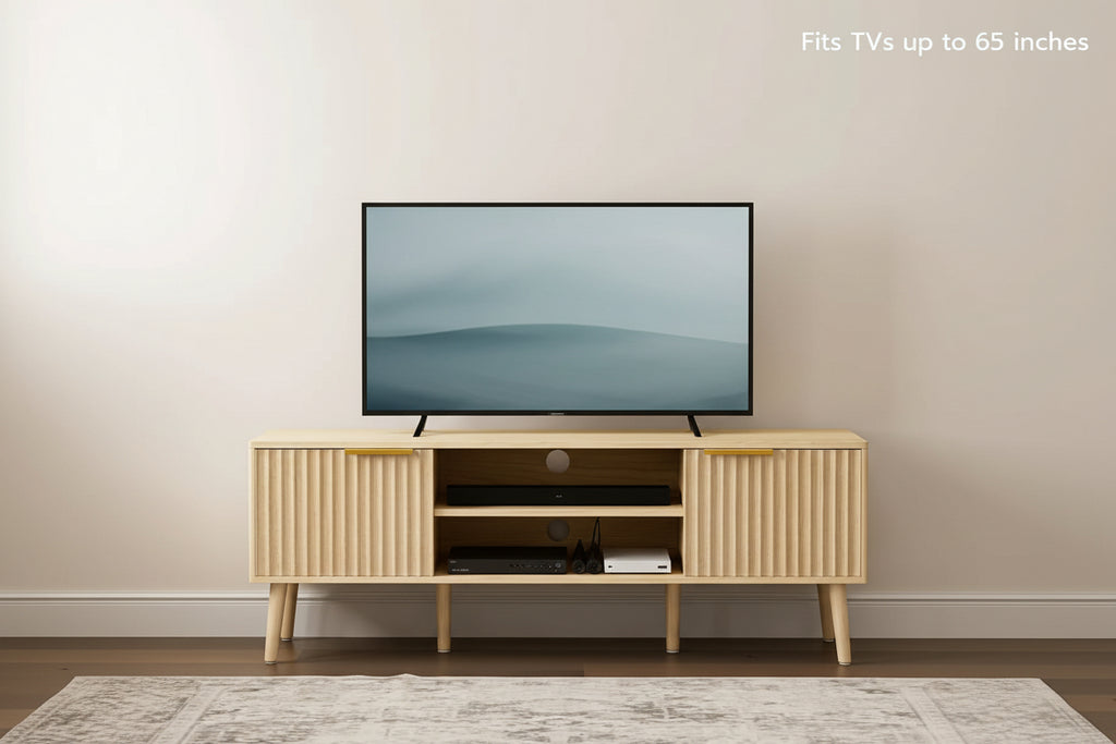 Modern TV Stand Living Room Entertainment Center 55-59 Inch Tvs Media Console Fluted Door Panels Open Shelves Oak