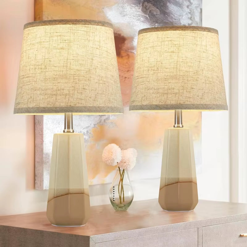 Modern Cream and Brown Ceramic Desk Lamp with LED Bulbs for Bedroom Living Room and Office Bedside Table Lamps