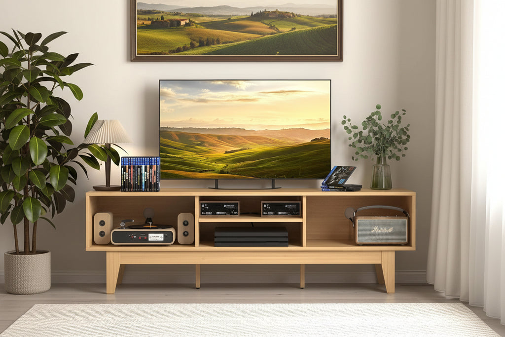 OEM/ODM Wenfeng Factory Modern Design Solid Wood TV Stand Sliding Cabinet Entertainment Center Shelves Entry Living Room Bedroom