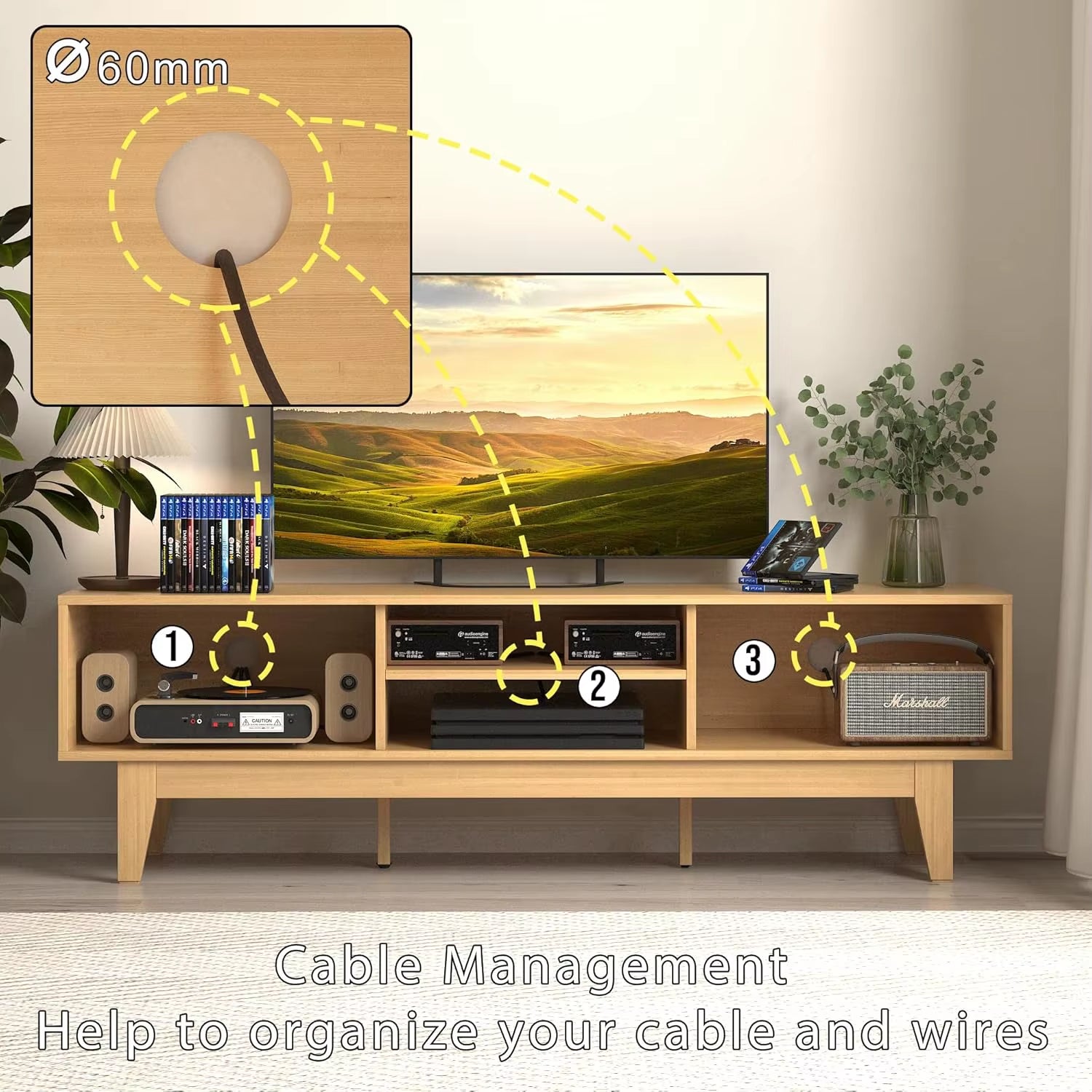 OEM/ODM Wenfeng Factory Modern Design Solid Wood TV Stand Sliding Cabinet Entertainment Center Shelves Entry Living Room Bedroom