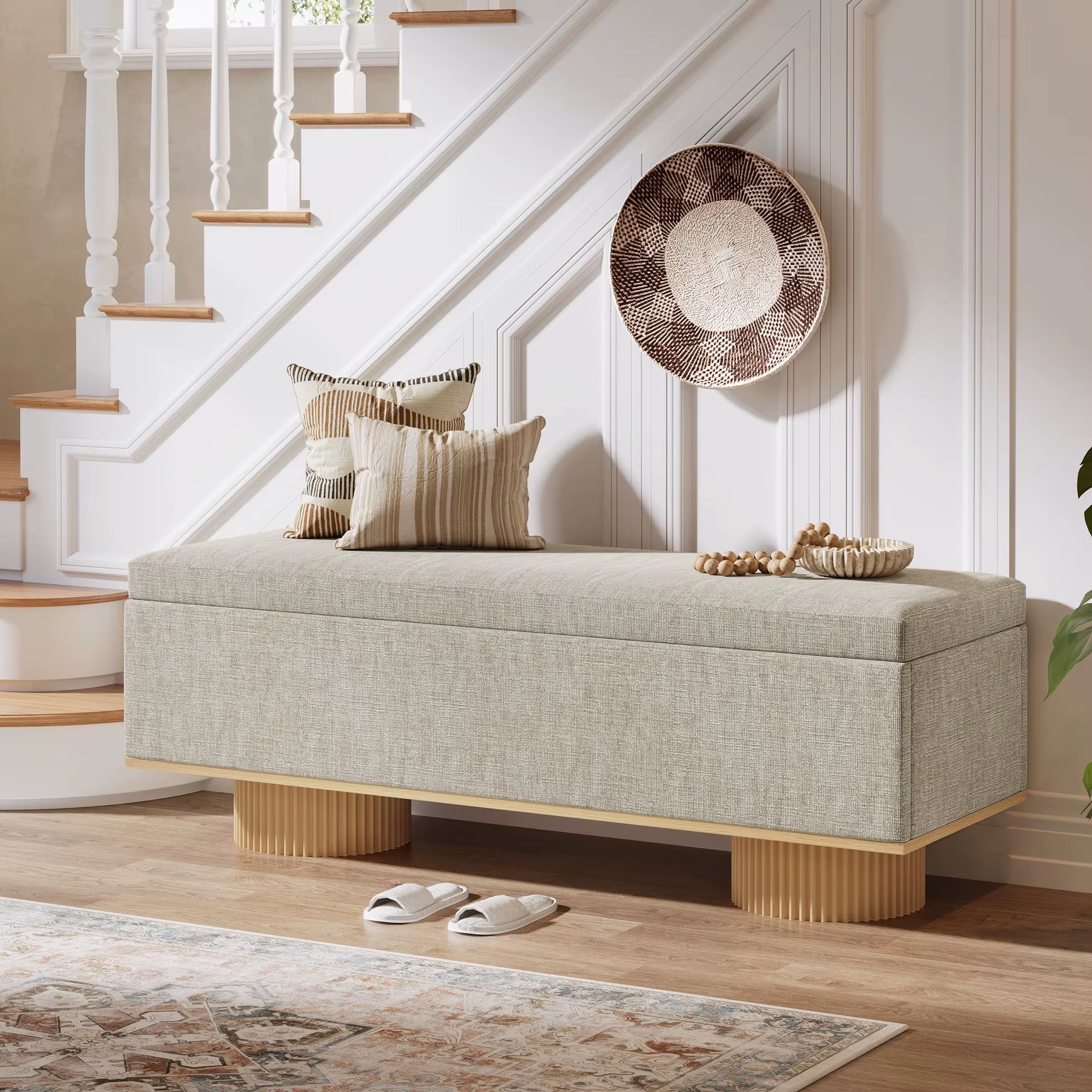 Modern Furniture Wood Base Bed End Stool Bedroom Indoor Living Room Performance Fabric Storage Upholstered Shoe Bench