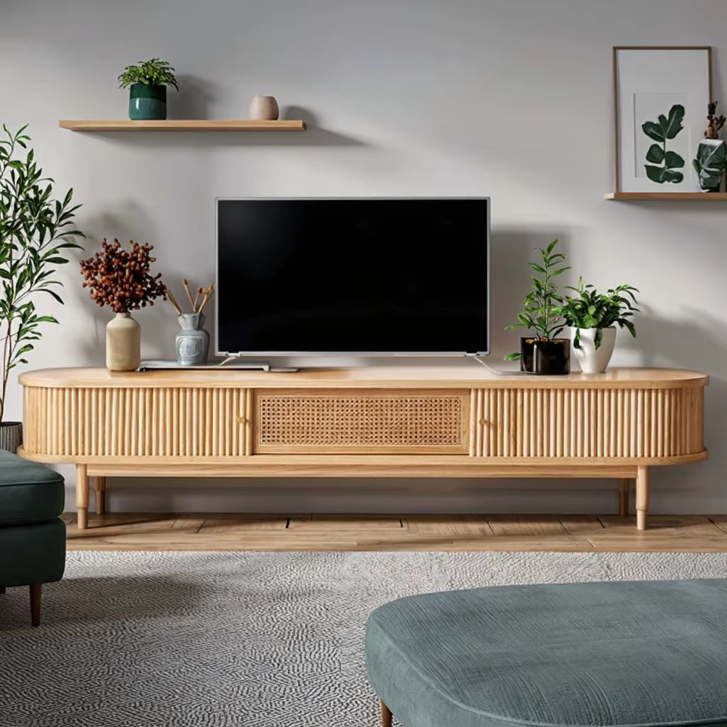 Vintage Japanese Wabi-Sabi Style White Ash Wood TV Cabinet Rolling Door Audiovisual Stand for Small Home Apartment Living Room