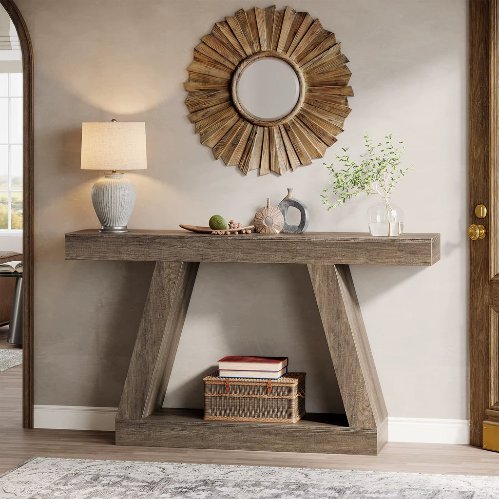 2-Tiers Form Frame Storage Console Table Wooden Designer Side Table for Living Room Entryway Hallway Hotel Grey