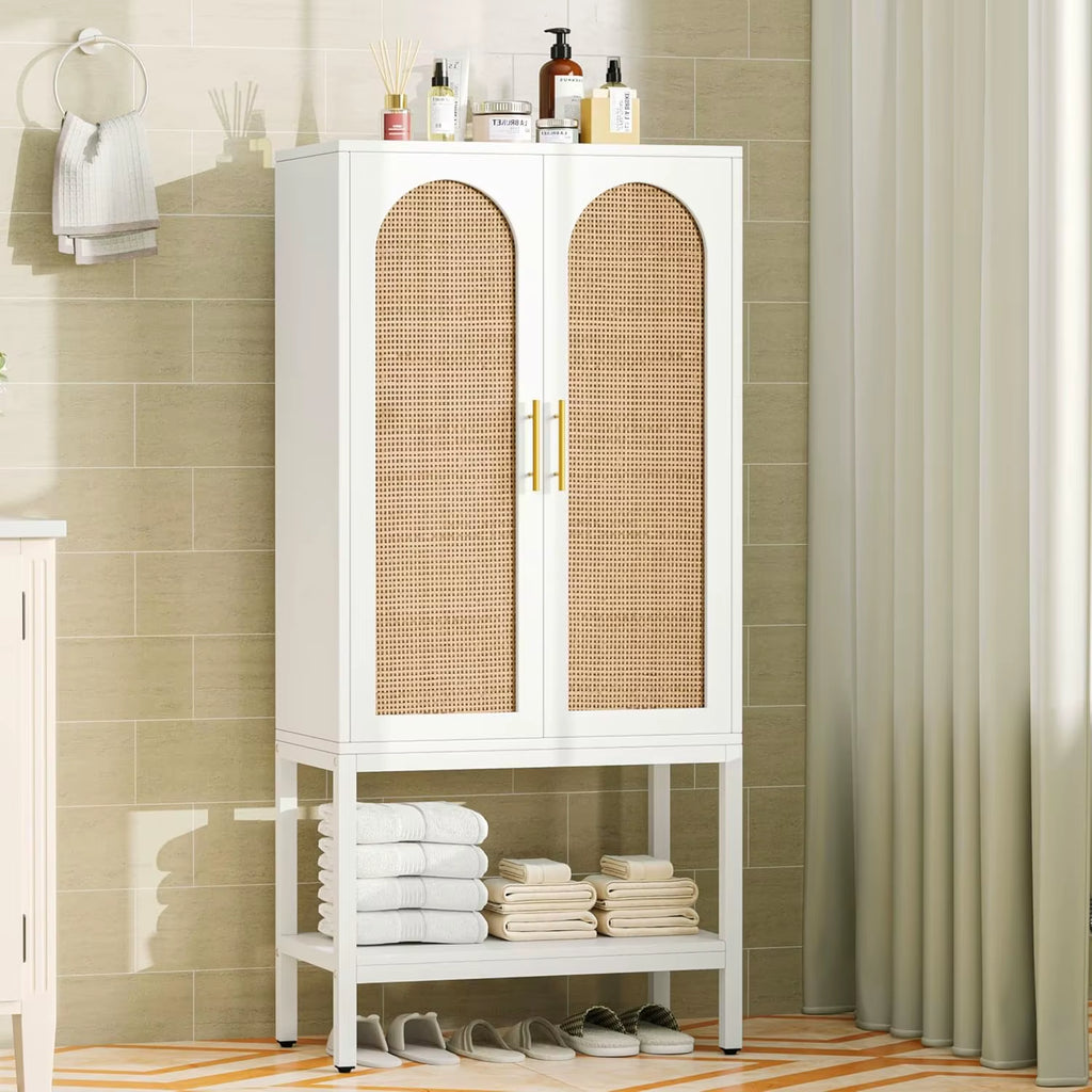 Modern 2-Door Floor Cabinet for Bathroom Living Room White Natural Wood 4-Shelf Adjustable Open Bottom Wash Basin Storage