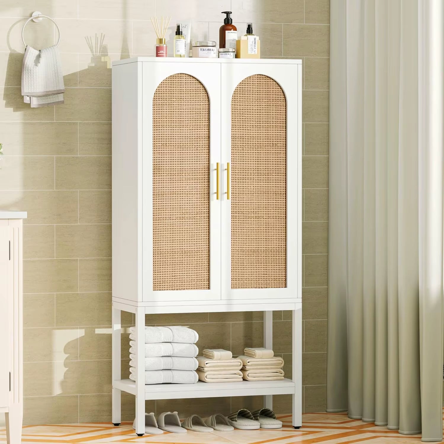 Modern 2-Door Floor Cabinet for Bathroom Living Room White Natural Wood 4-Shelf Adjustable Open Bottom Wash Basin Storage