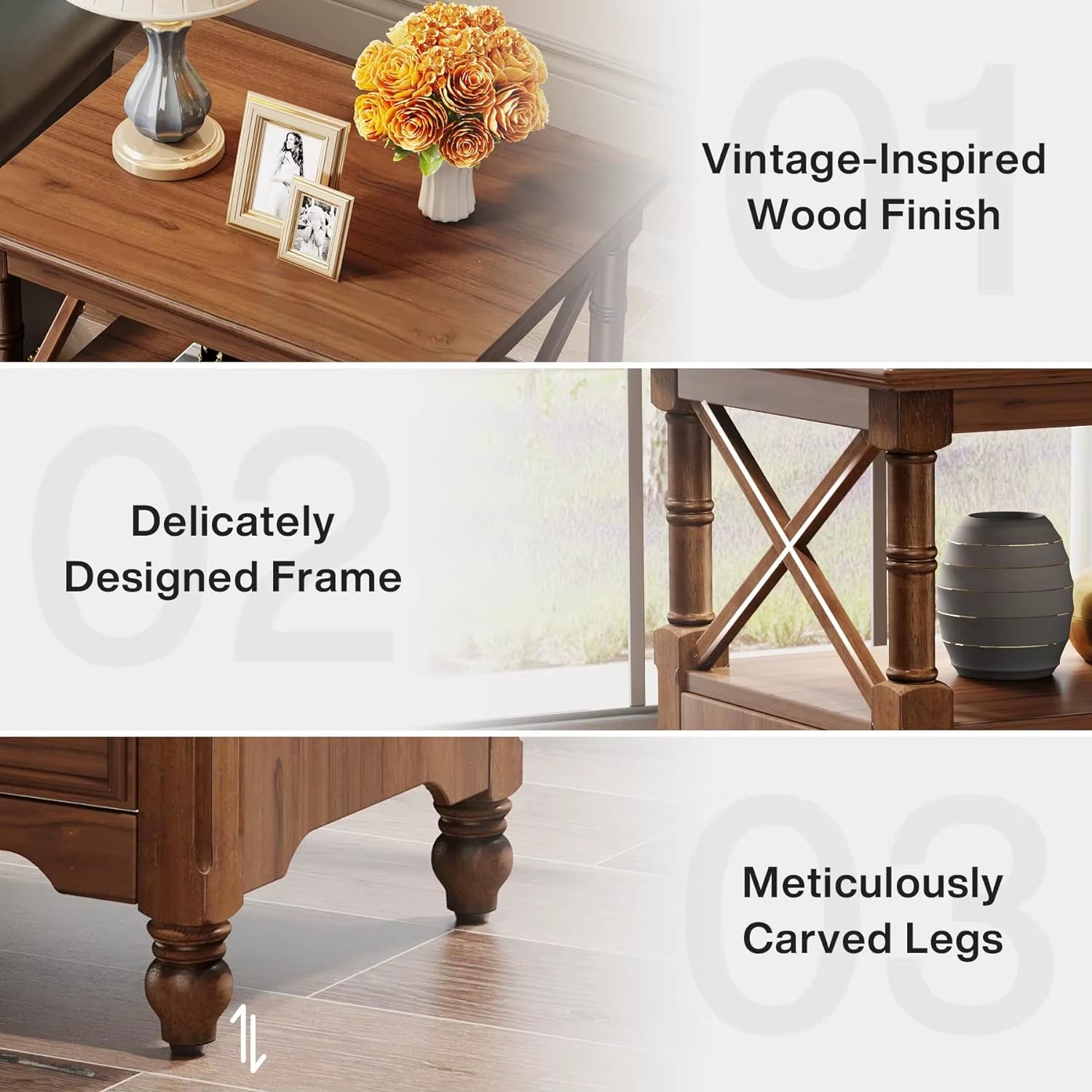 Rustic Wooden End Table Bed Side Table, Night Stand Bedside Table with Drawers and Open Shelf