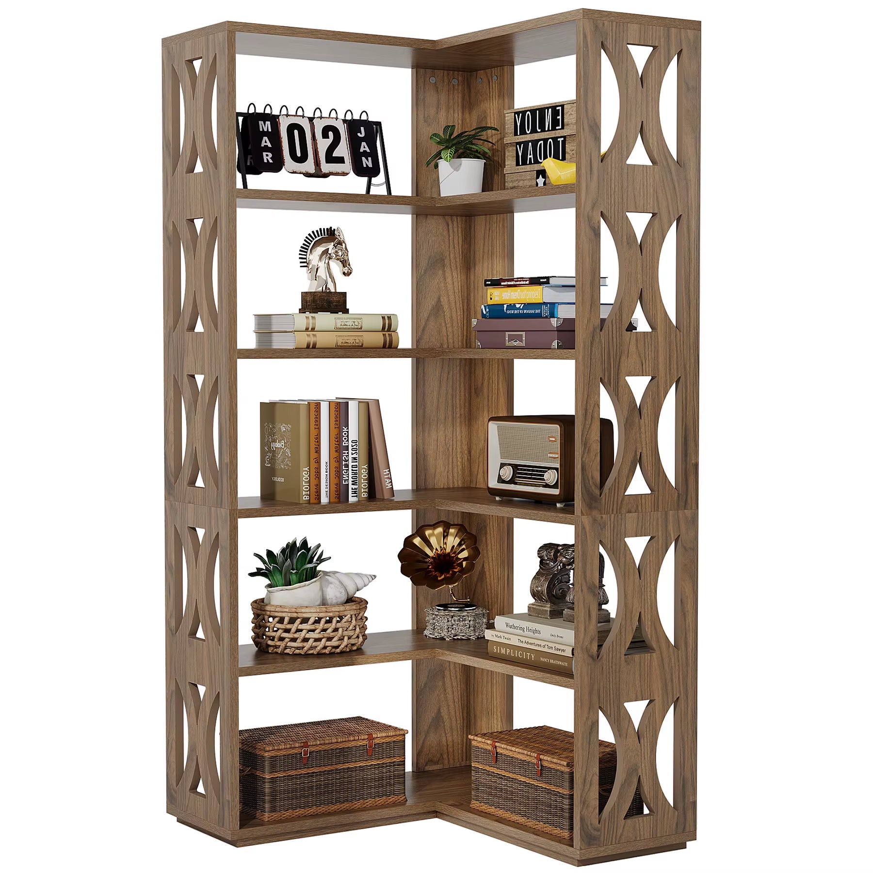 Tribesigns Modern 5-Tier Wood Panel Bookshelf Corner Cabinet for Bedroom or Living Room