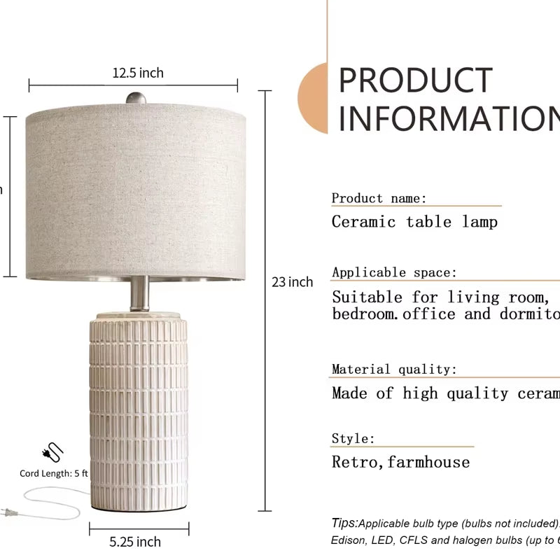 White and Beige Desk Lamp with Glass and Iron Body Farmhouse-Style Bedside Table Lamp for Living Room or Bedroom for Reading