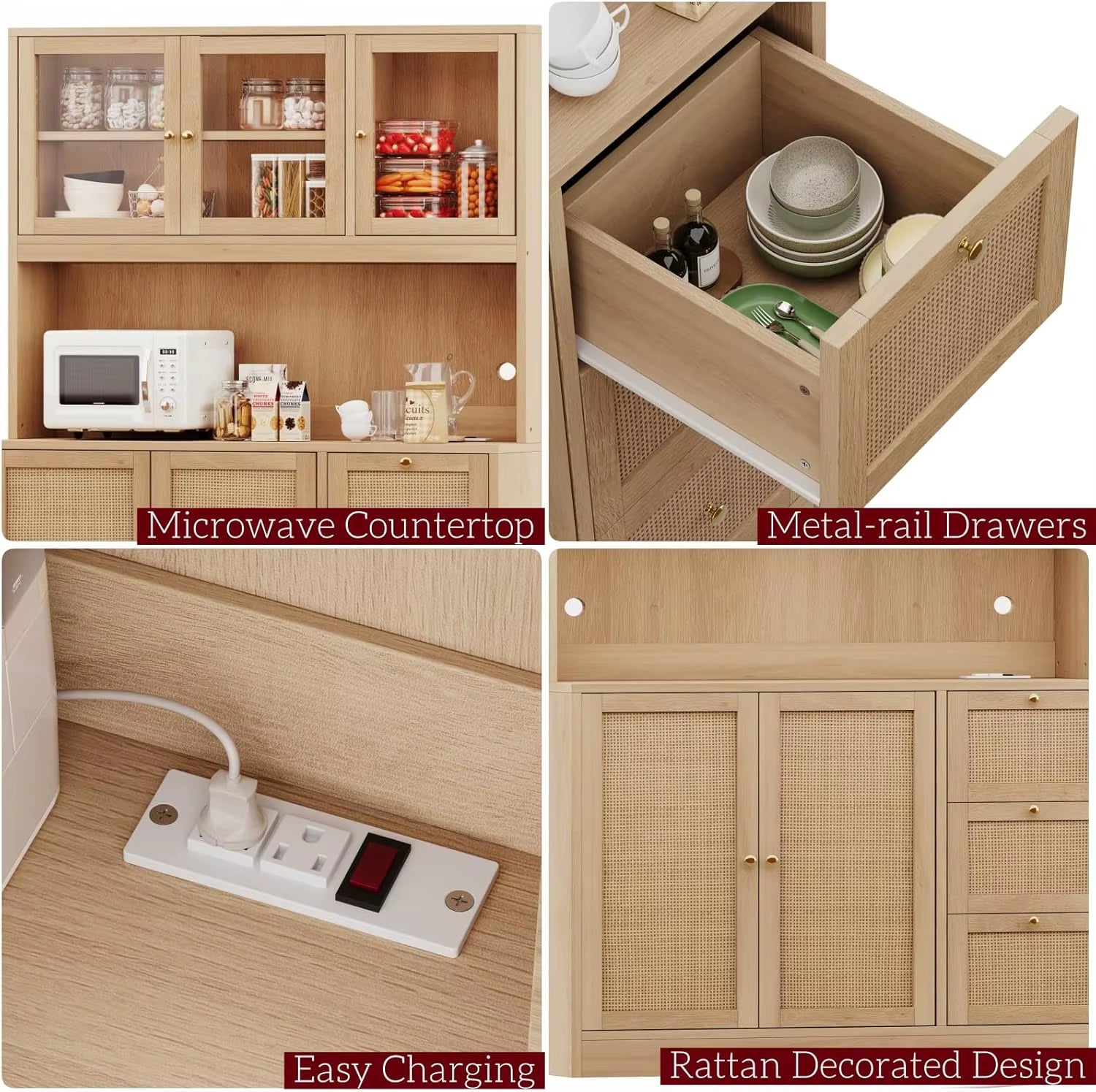 Solid Wood Modern Storage Cabinet with Microwave Stand & Charging Station 5+ Drawers Glass Doors-Living Room Furniture