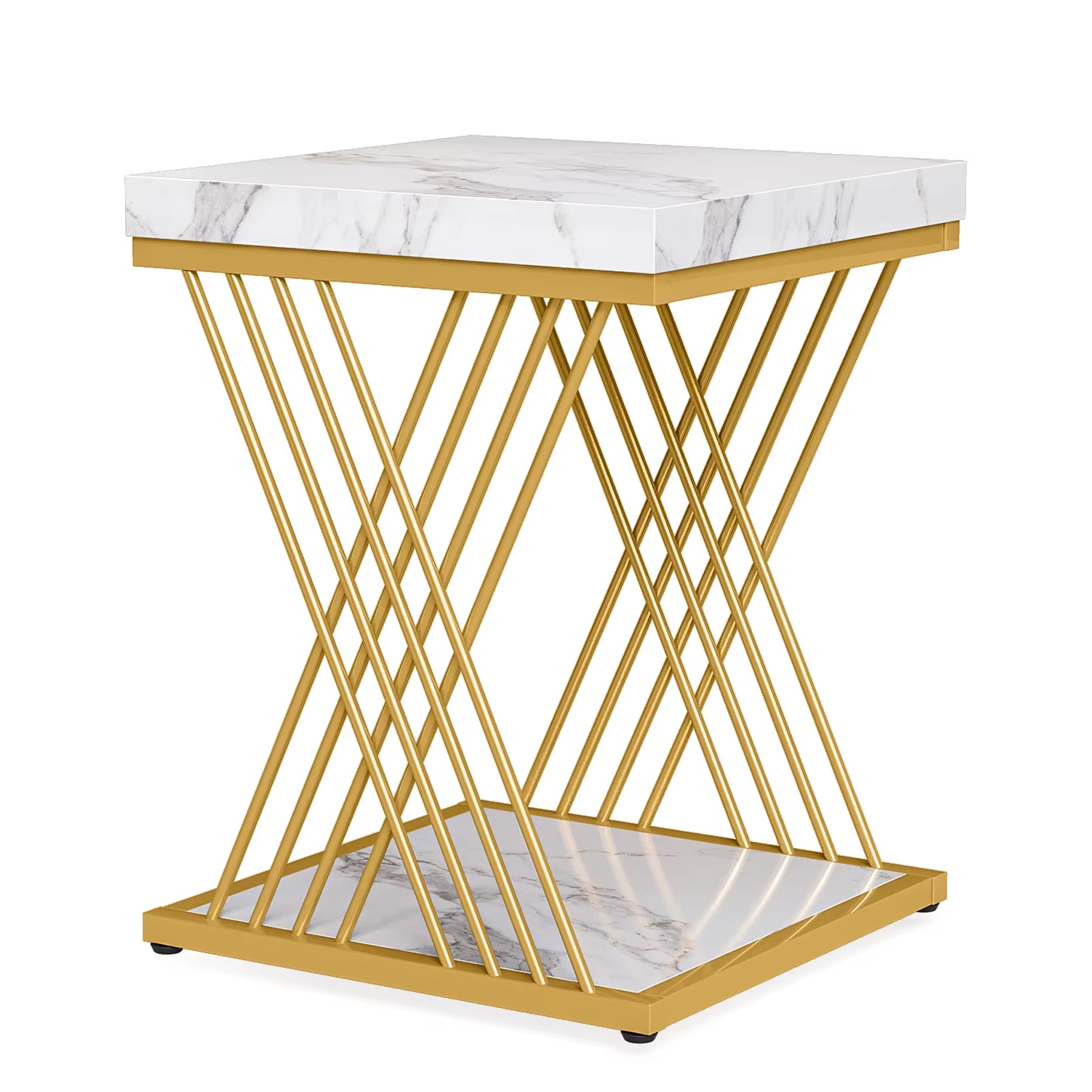 Square End Table White Gold 2-Tier Side Table Modern Small Bedside with Storage for Couch, Sofa Chairside Tables