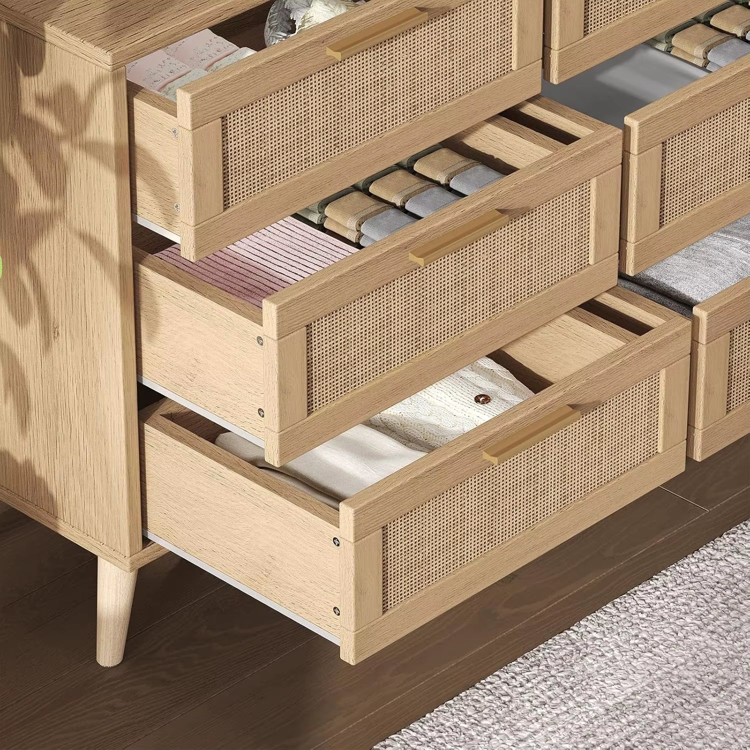 Large Capacity 9-Drawer Dresser Modern Wooden with Golden Handles Foldable for Bedroom or Warehouse Use