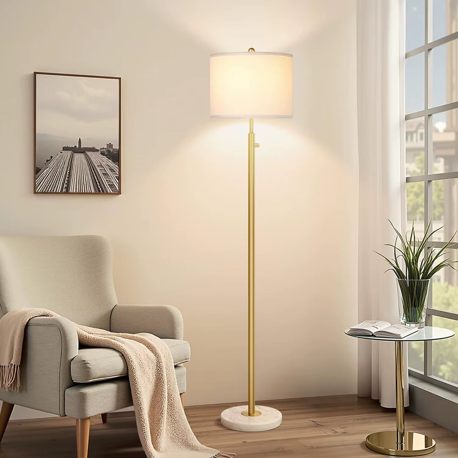 Modern 12W LED Marble Base Floor Lamp White Linen Lampshade Upgrade Vertical Golden High Pole for Living Room Office Daycare