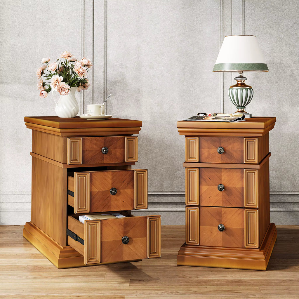 Tribesigns Narrow End Table with 3 Drawers, Vintage Walnut Sofa Side Table, Wooden Rectangular Bedside Table Slim Nightstand