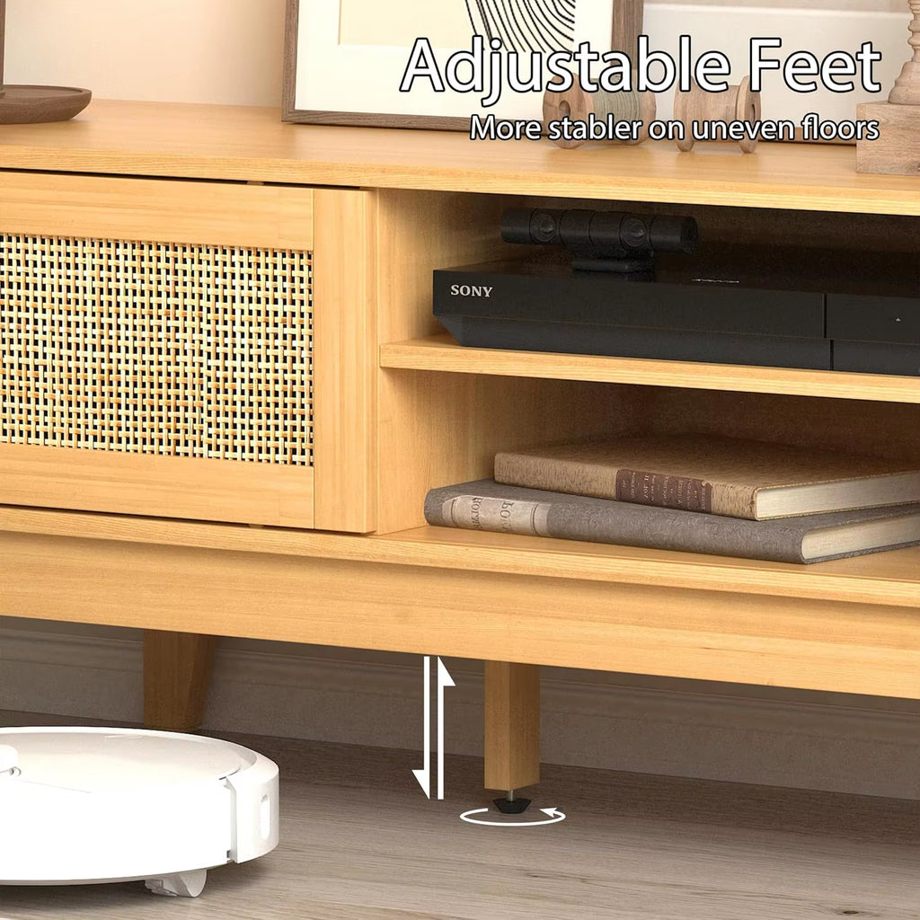 OEM/ODM Wenfeng Factory Modern Design Solid Wood TV Stand Sliding Cabinet Entertainment Center Shelves Entry Living Room Bedroom