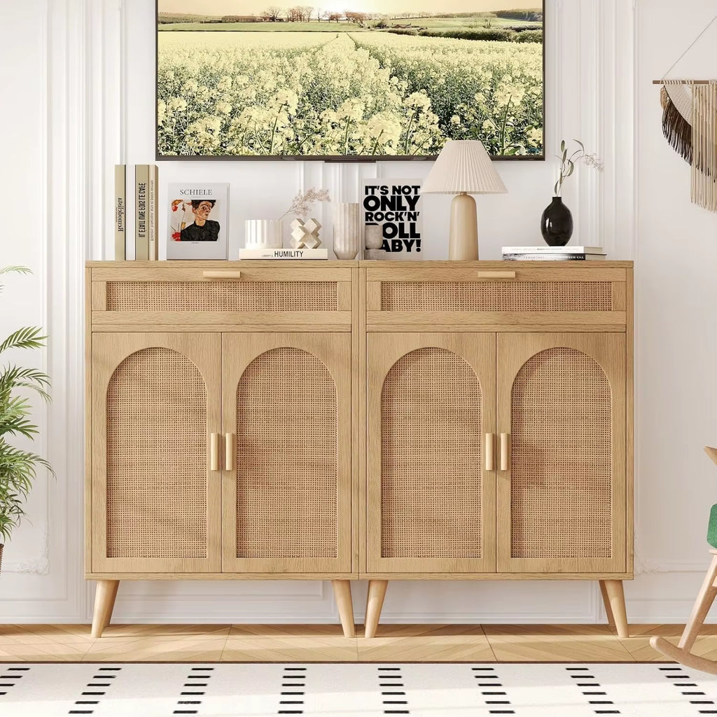 Boho Style Natural Wood Sideboard Cabinet Rattan Accents Coffee Bar Credenzas Accent Drawer for Home Furniture Living Room