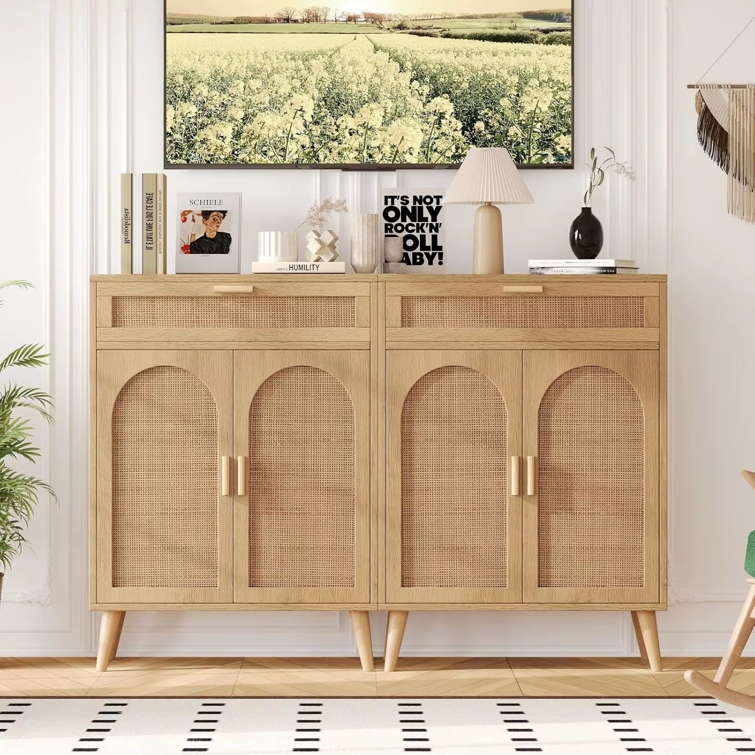 Boho Style Natural Wood Sideboard Cabinet Rattan Accents Coffee Bar Credenzas Accent Drawer for Home Furniture Living Room