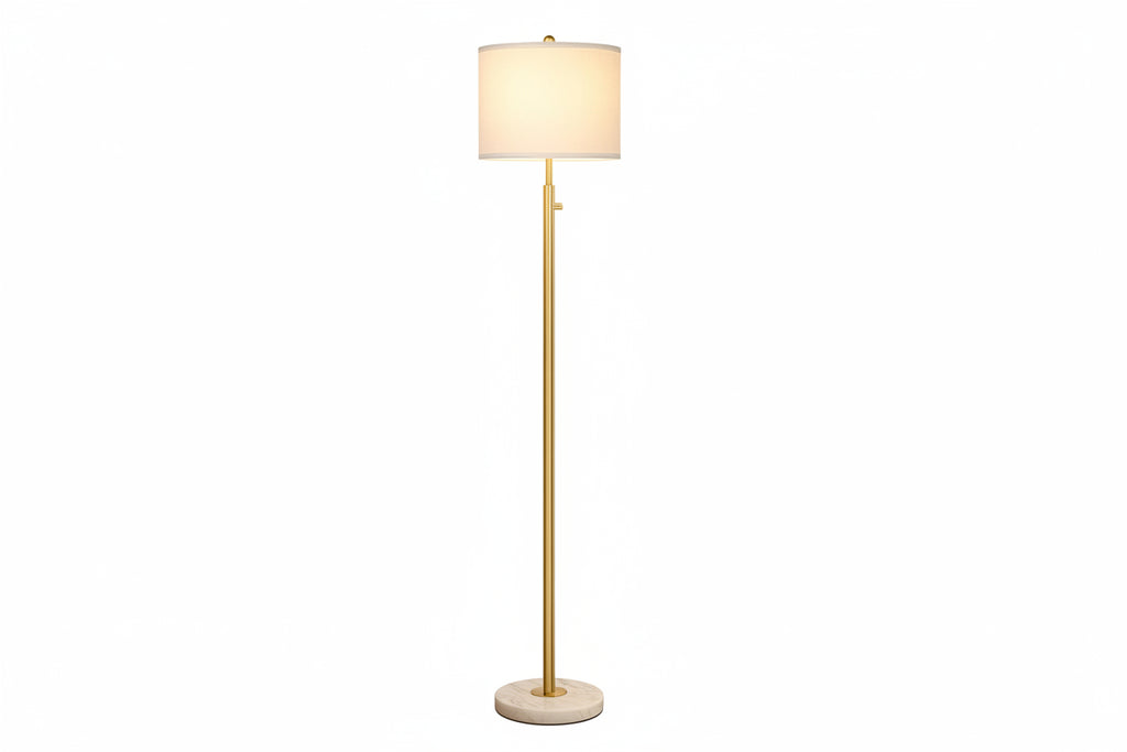 Modern 12W LED Marble Base Floor Lamp White Linen Lampshade Upgrade Vertical Golden High Pole for Living Room Office Daycare