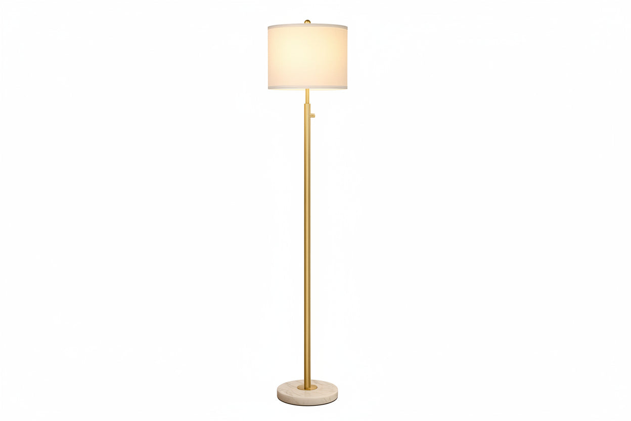 Modern 12W LED Marble Base Floor Lamp White Linen Lampshade Upgrade Vertical Golden High Pole for Living Room Office Daycare
