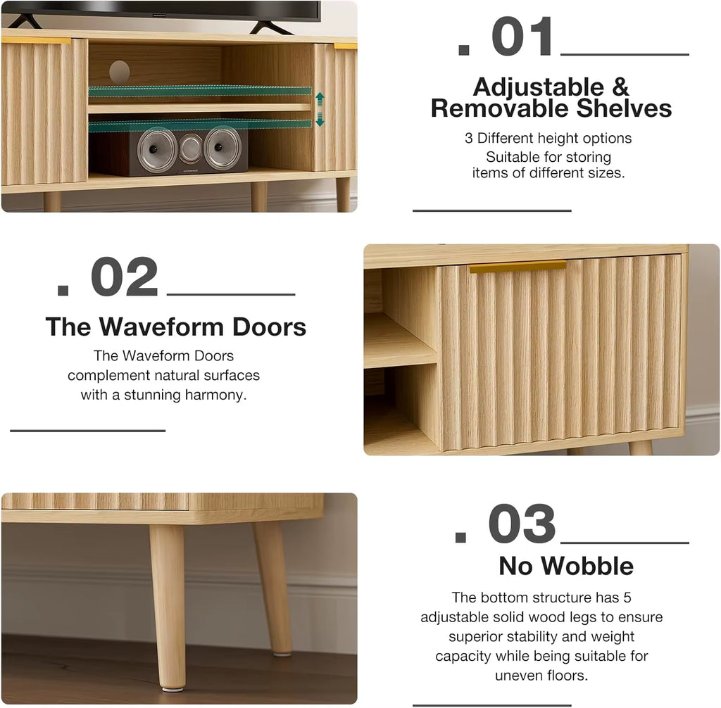 Modern TV Stand Living Room Entertainment Center 55-59 Inch Tvs Media Console Fluted Door Panels Open Shelves Oak