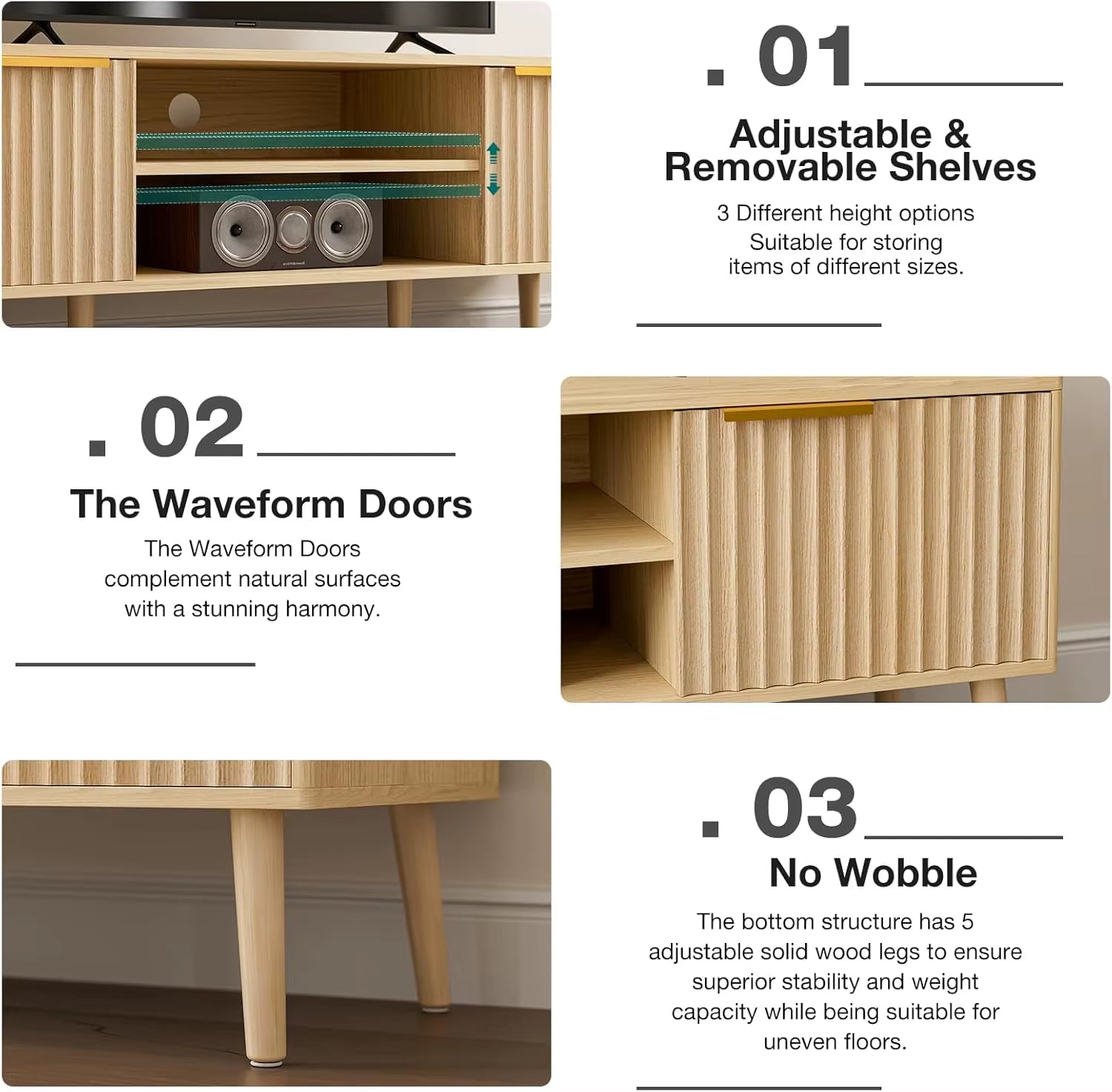 Modern TV Stand Living Room Entertainment Center 55-59 Inch Tvs Media Console Fluted Door Panels Open Shelves Oak