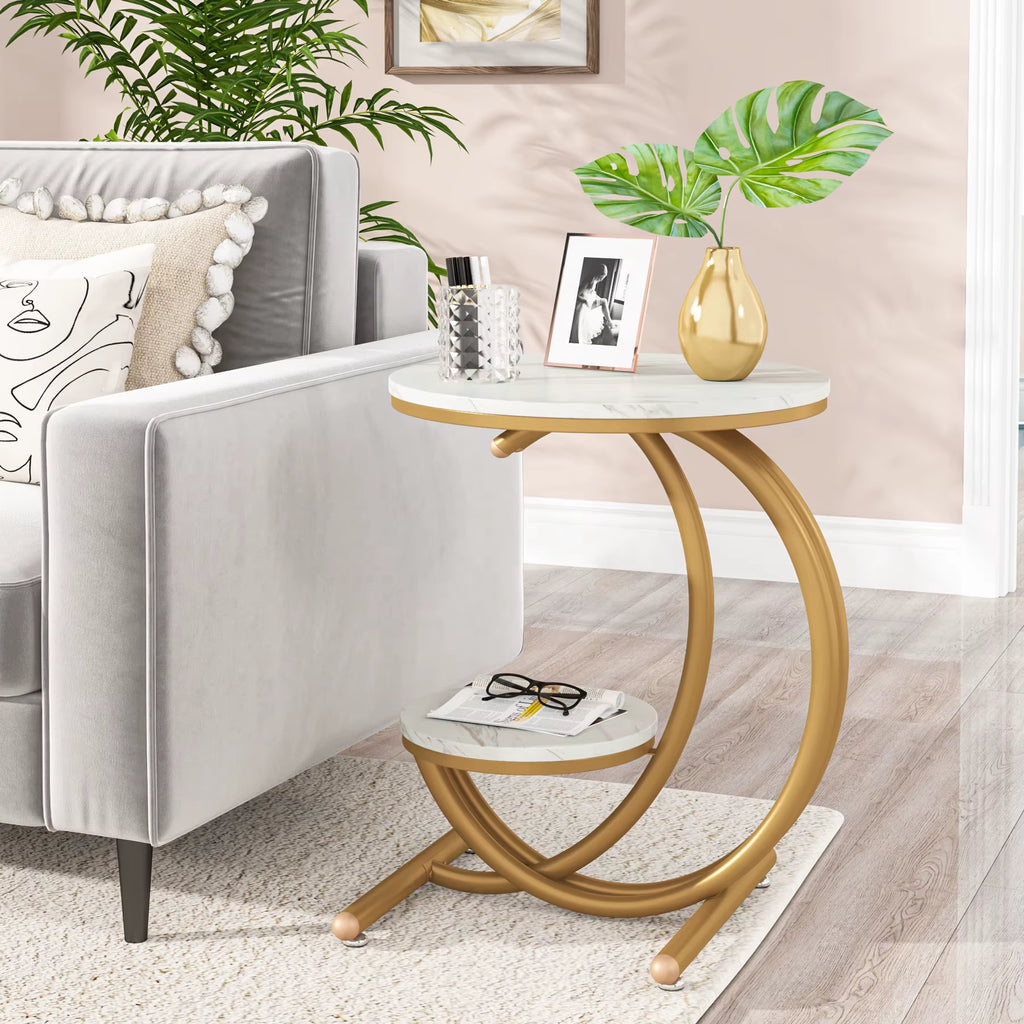 C-Shaped 2 Tier Wood Faux Marble Side Stainless Steel Table Legs round End Table for Sale