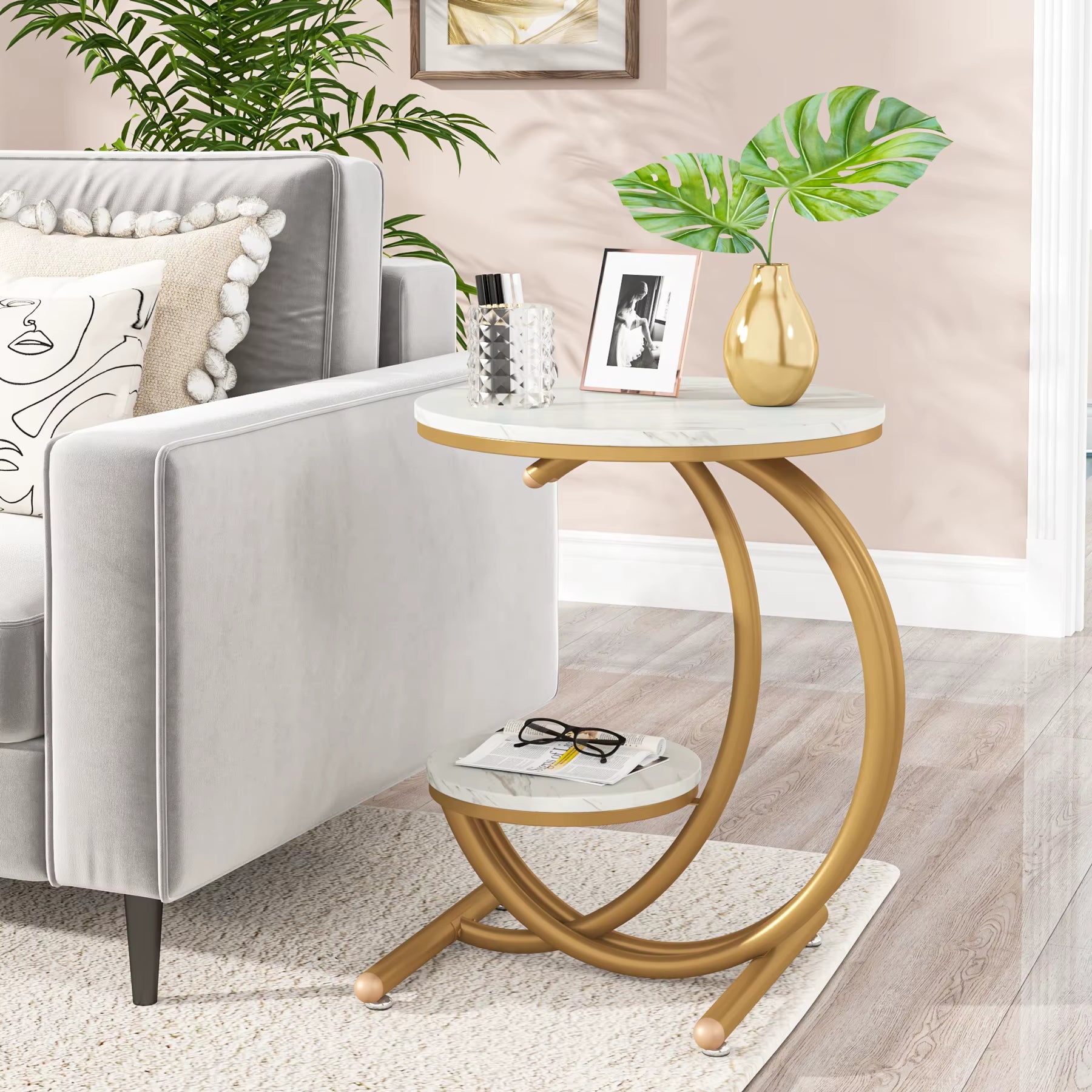 C-Shaped 2 Tier Wood Faux Marble Side Stainless Steel Table Legs round End Table for Sale