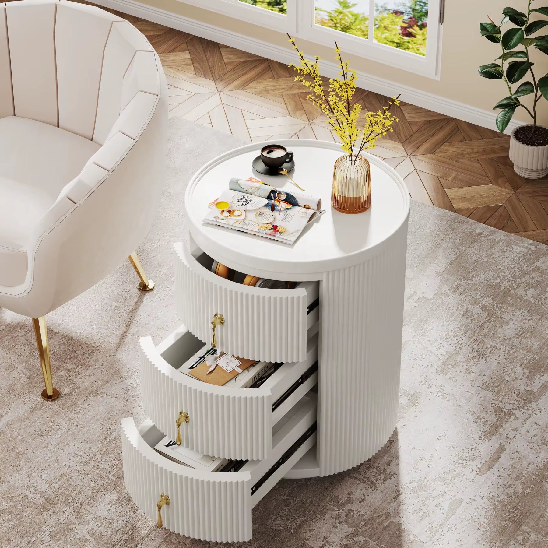 Tribesigns Nightstand with 3 Drawers, No Assembly Required Modern round Bedside Table Side Table with Storage and Gold Handles