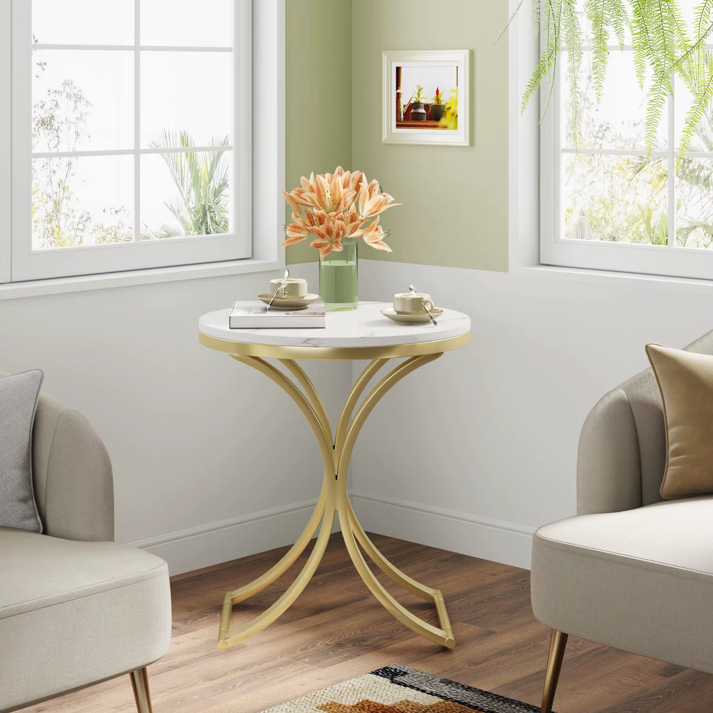 Tribesigns Modern Accent Small round Wood White Gold Marble Side Table for Living Room Sofa Couch