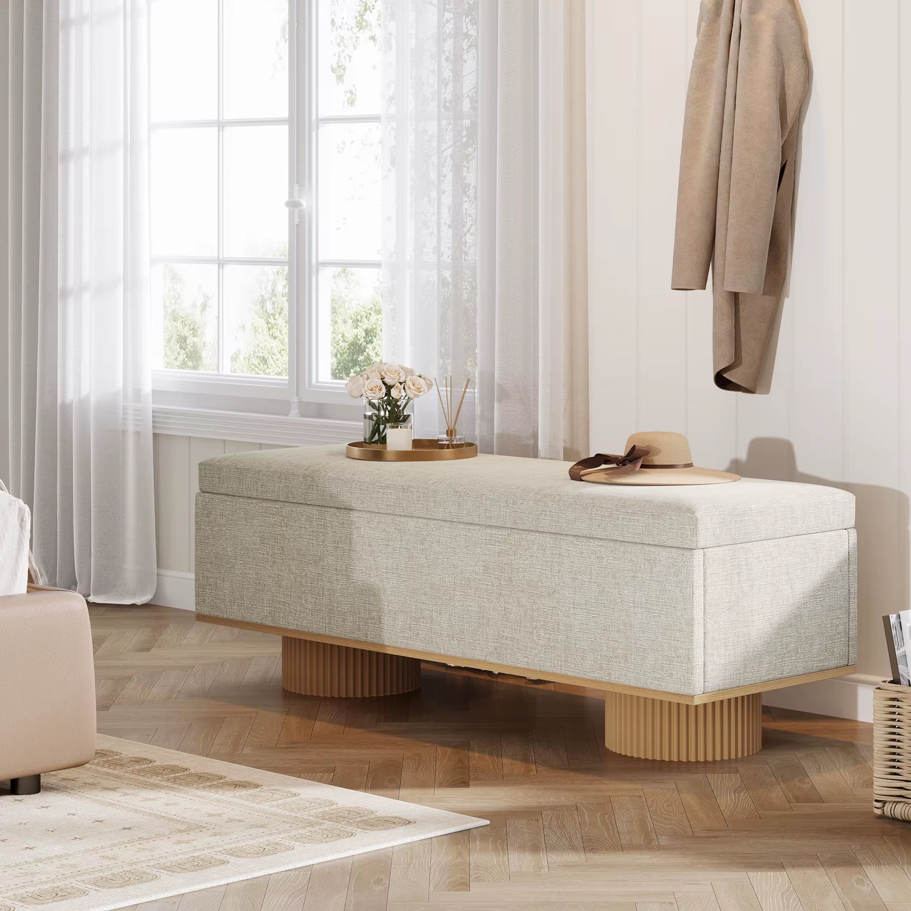 Modern Furniture Wood Base Bed End Stool Bedroom Indoor Living Room Performance Fabric Storage Upholstered Shoe Bench