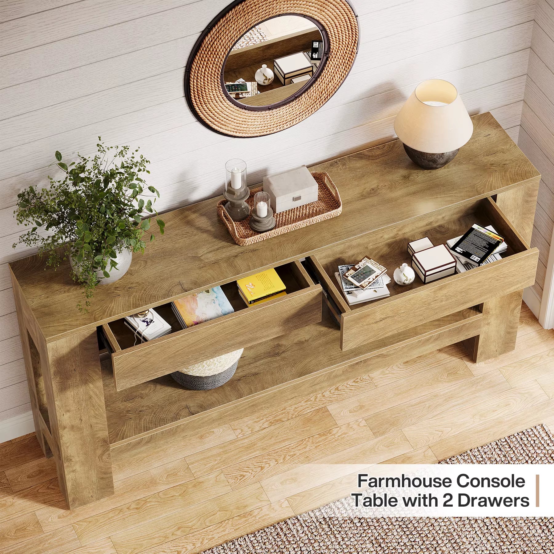 Hallway Living Room 2 Drawers Furniture Minimalism Wooden Console Table Wood Console Table with Two Drawers