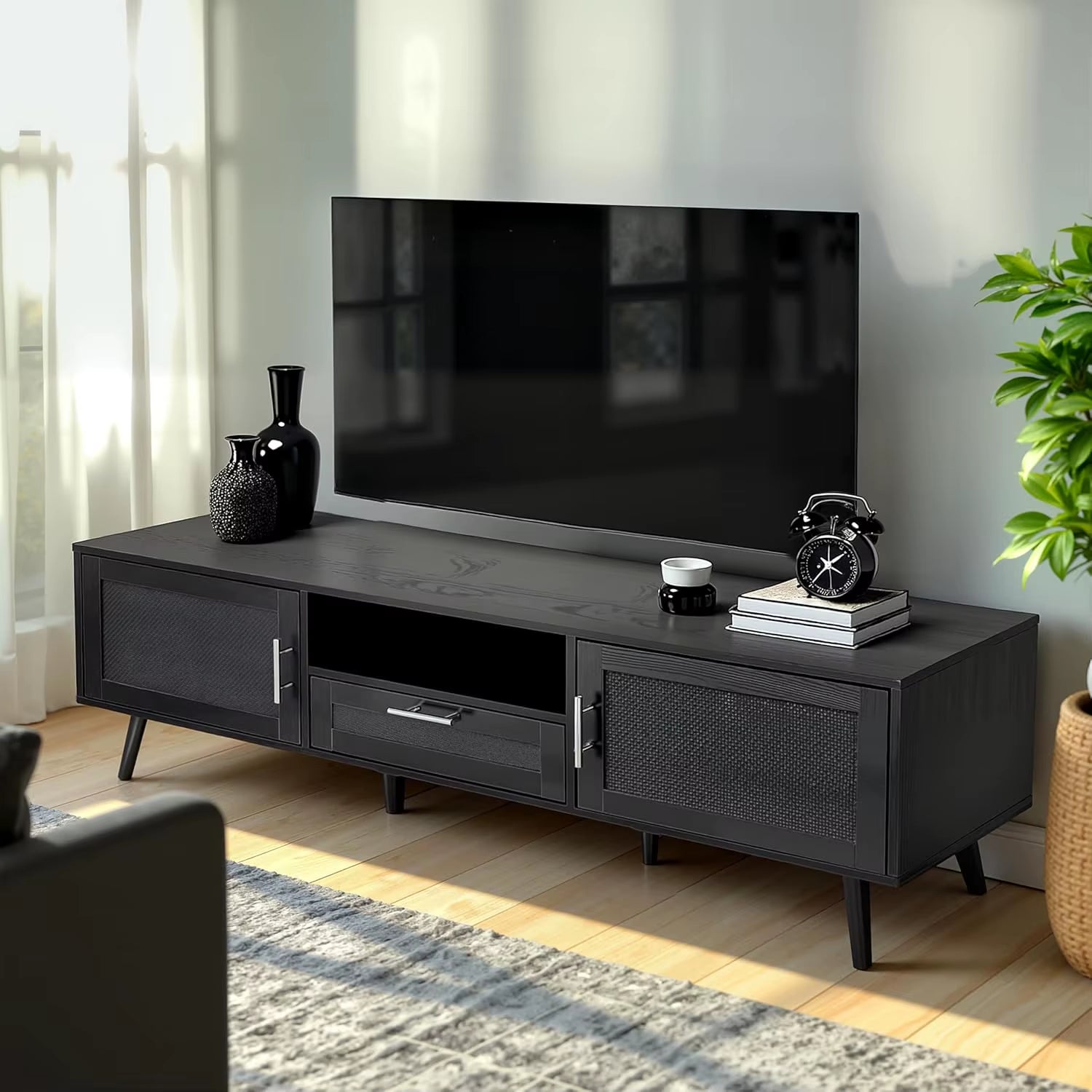 59-Inch Boho TV Stand Handmade 70-Inch TV Console Rattan Decorated Doors Natural Living Room Entertainment Center