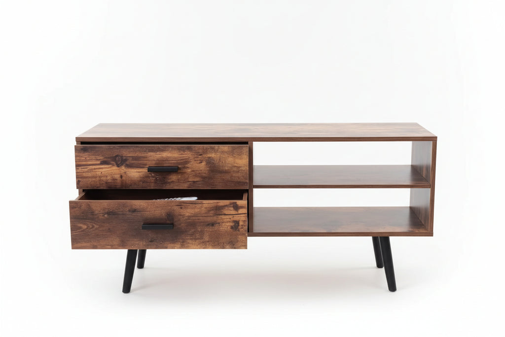 Nordic Style Wood Panel TV Stand Home Office Furniture with Metal Legs Storage Shelves for Living Room Use