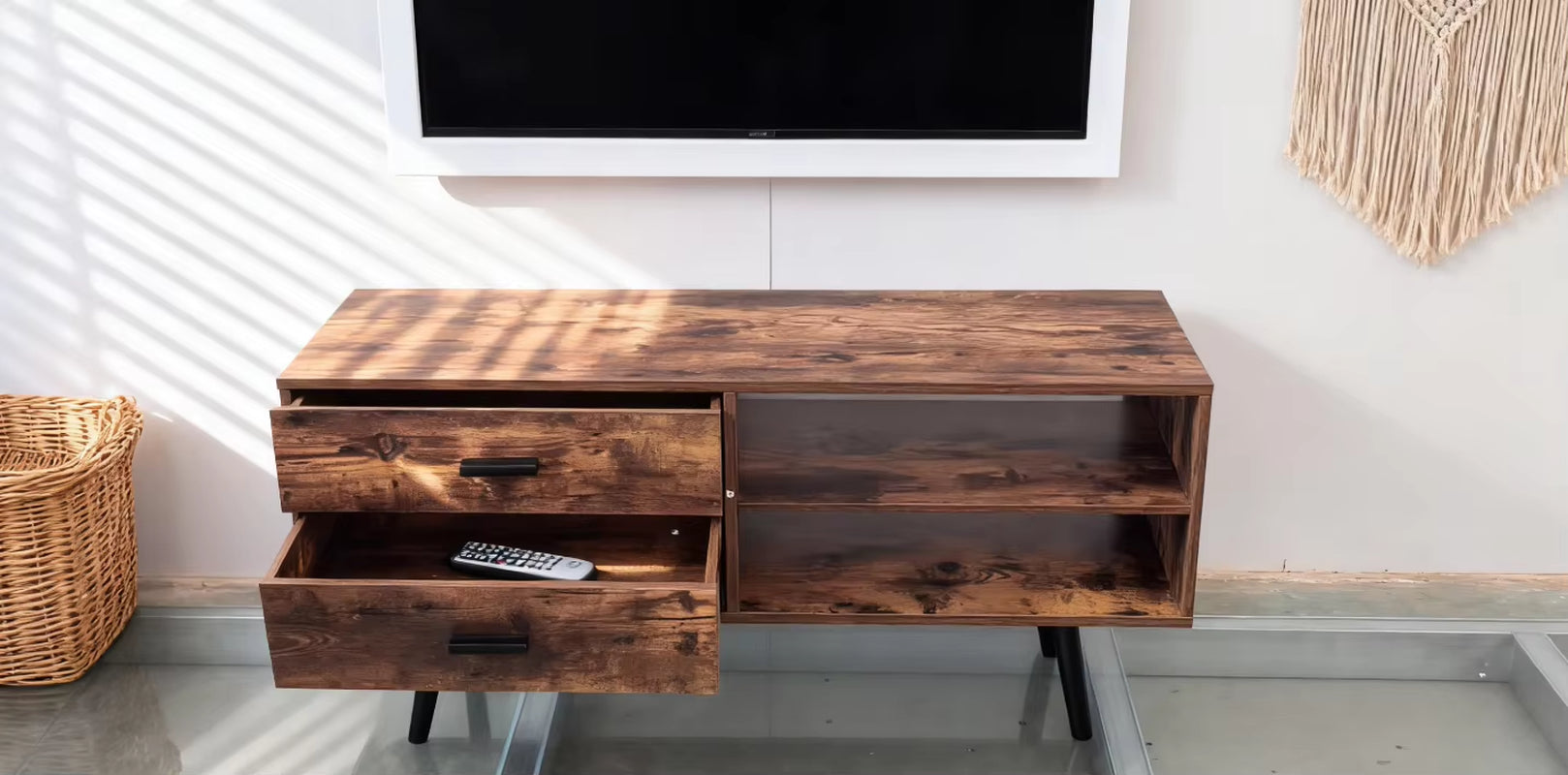 Nordic Style Wood Panel TV Stand Home Office Furniture with Metal Legs Storage Shelves for Living Room Use