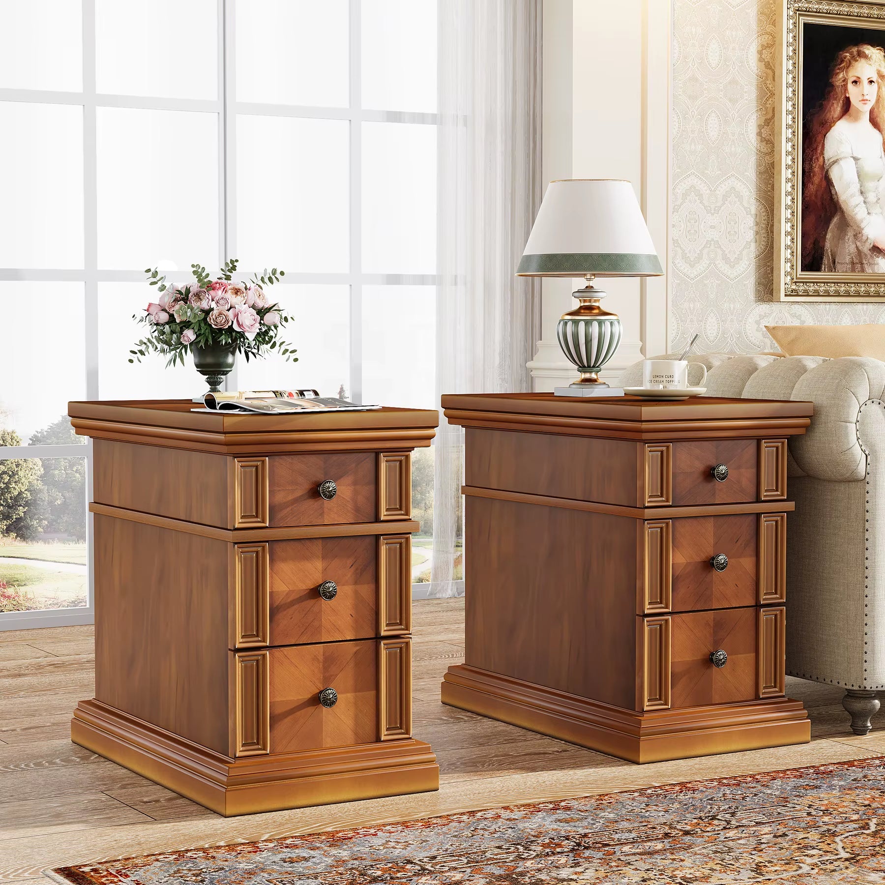 Tribesigns Narrow End Table with 3 Drawers, Vintage Walnut Sofa Side Table, Wooden Rectangular Bedside Table Slim Nightstand