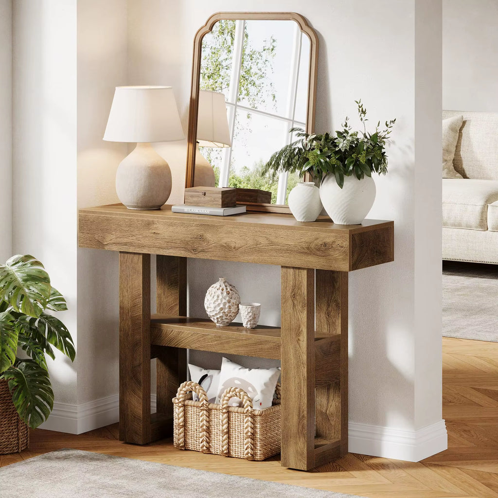 Wood Living Room Entryway Table Console Sofa Table with 2-Tier and Open Storage Shelves