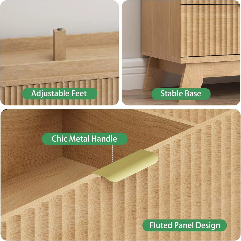 6-Drawer Modern Metal Handle Wooden Dresser TV Stand Wide Natural Oak Fluted Closet Clothes for Living Room Kitchen Extendable