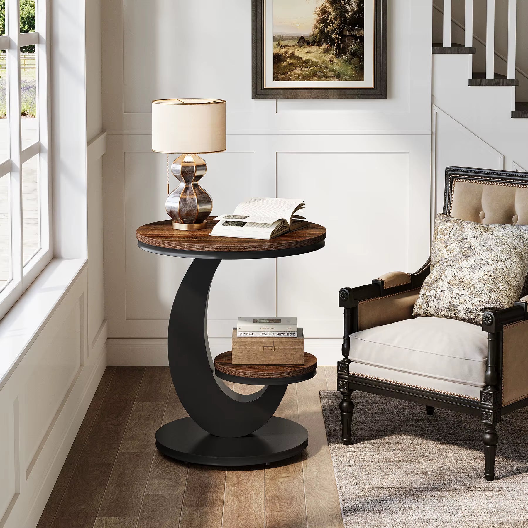 Round End Table, 2 Tiers Side Table with Storage Shelf, Sofa Side Bedside Nightstand with Rustic Wood and Metal Arc-Shaped Frame