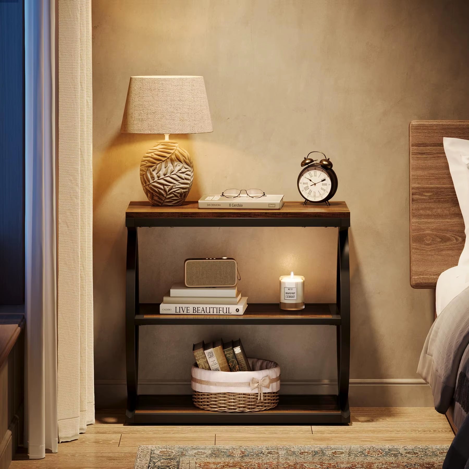 Tribesigns Narrow 3-Tier End Table for Living Room, Industrial Wooden Side Table with Metal Frame, Small Bedside Nightstand