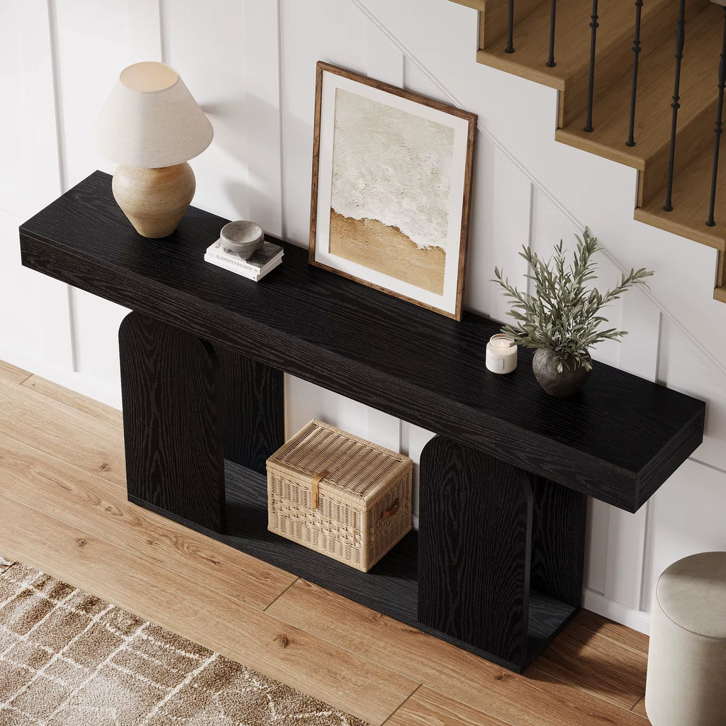 Tribesigns 70.9-Inch Extra Long Sofa Table, 2-Tier Wood Table behind Couch, Black Console Tables with Wood Storage Shelf