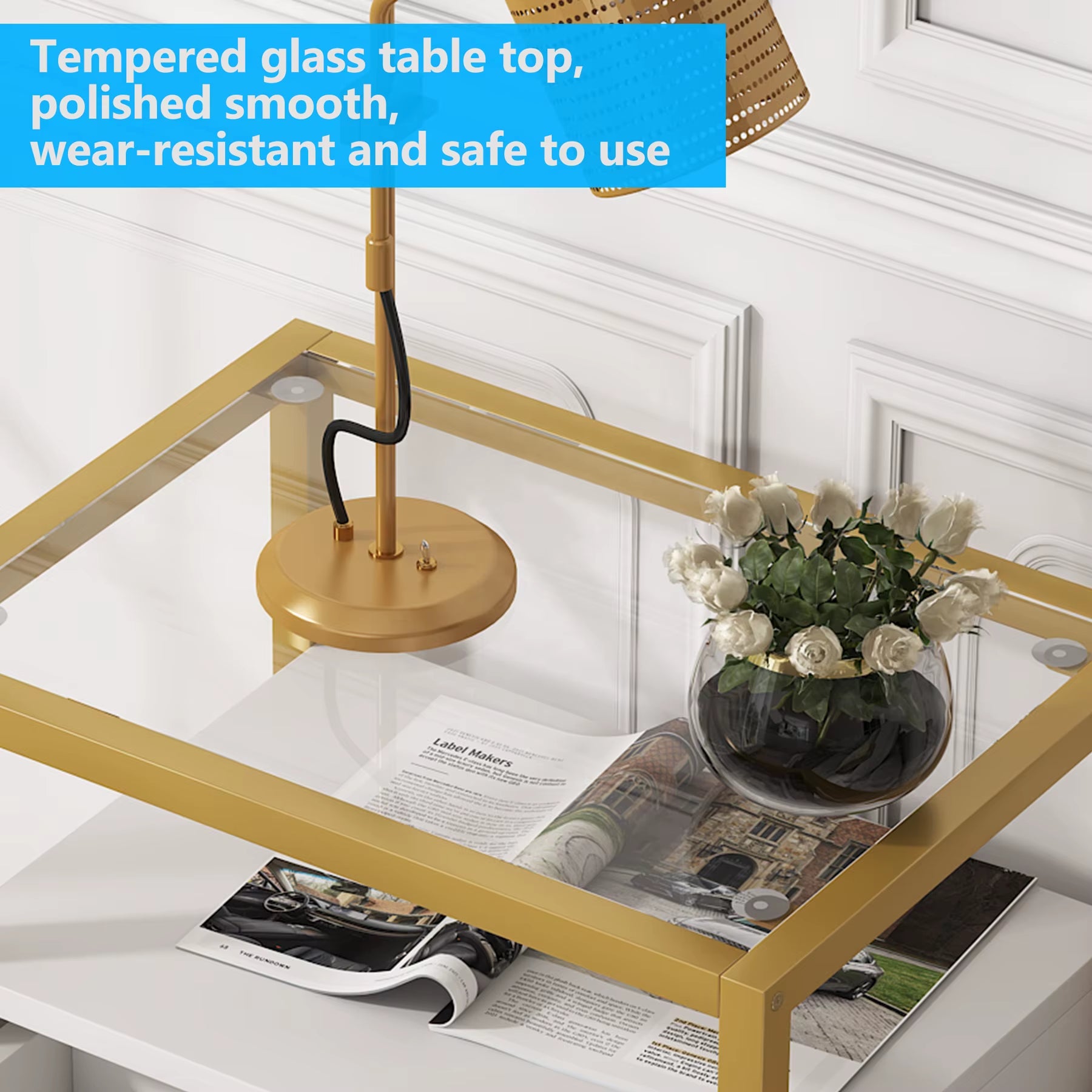 Tribesigns Modern Luxury Sofa Side Table End Table Mirror Glass Top White and Gold Bedside Table