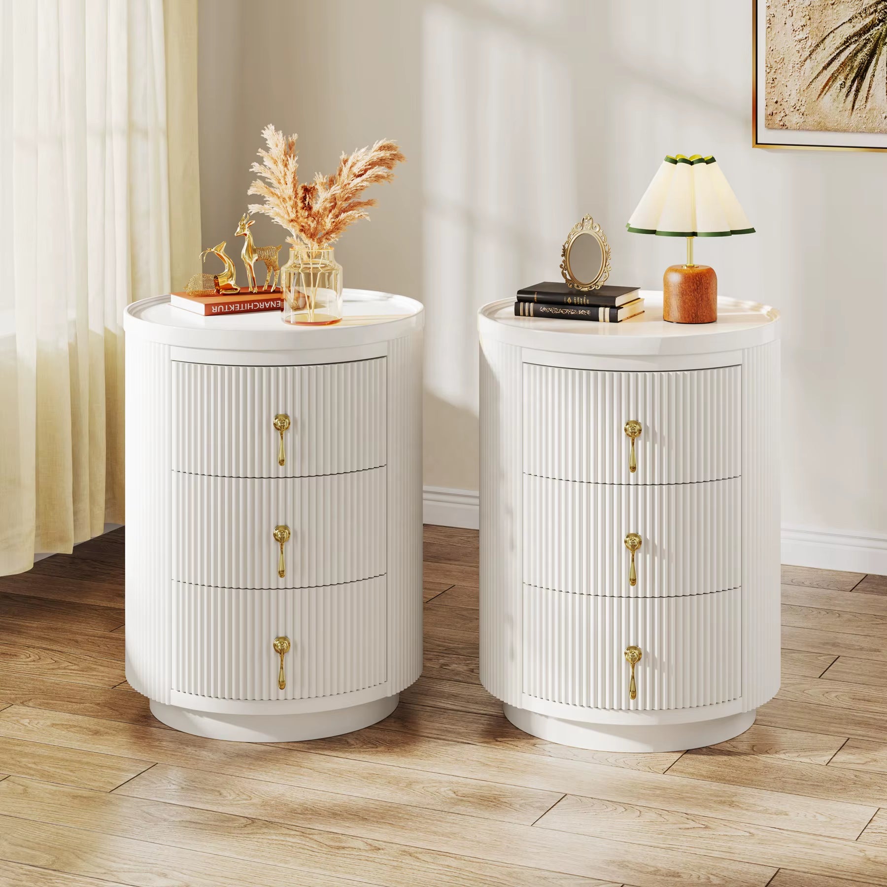 Tribesigns Nightstand with 3 Drawers, No Assembly Required Modern round Bedside Table Side Table with Storage and Gold Handles