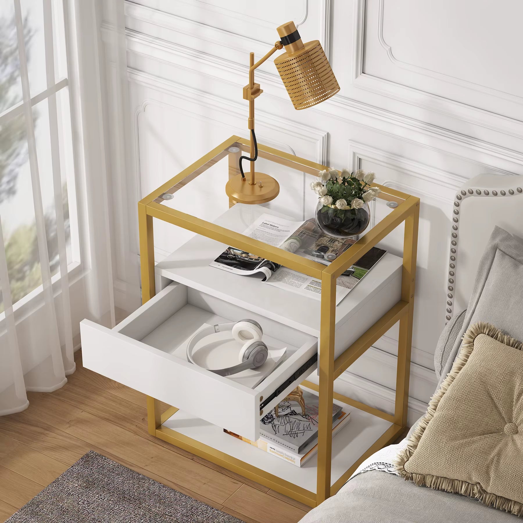 Tribesigns Modern Luxury Sofa Side Table End Table Mirror Glass Top White and Gold Bedside Table
